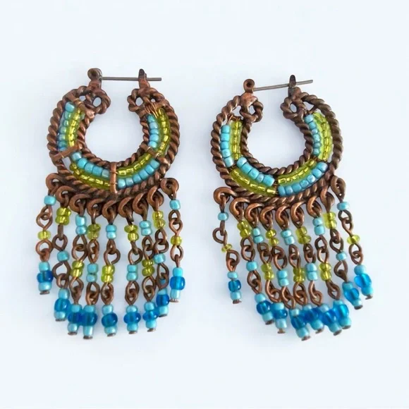 Vintage Southwest Turquoise Bead Hoops Dangle Earrings Chandelier Boho Earrings - Picture 2 of 9